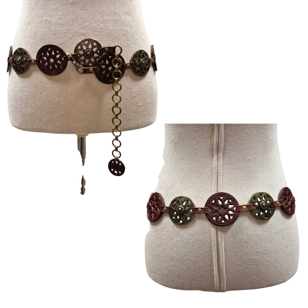 Fossil Brown Leather w/ Metal Medallion Concho Waist Hip Chain Belt NEW 36"